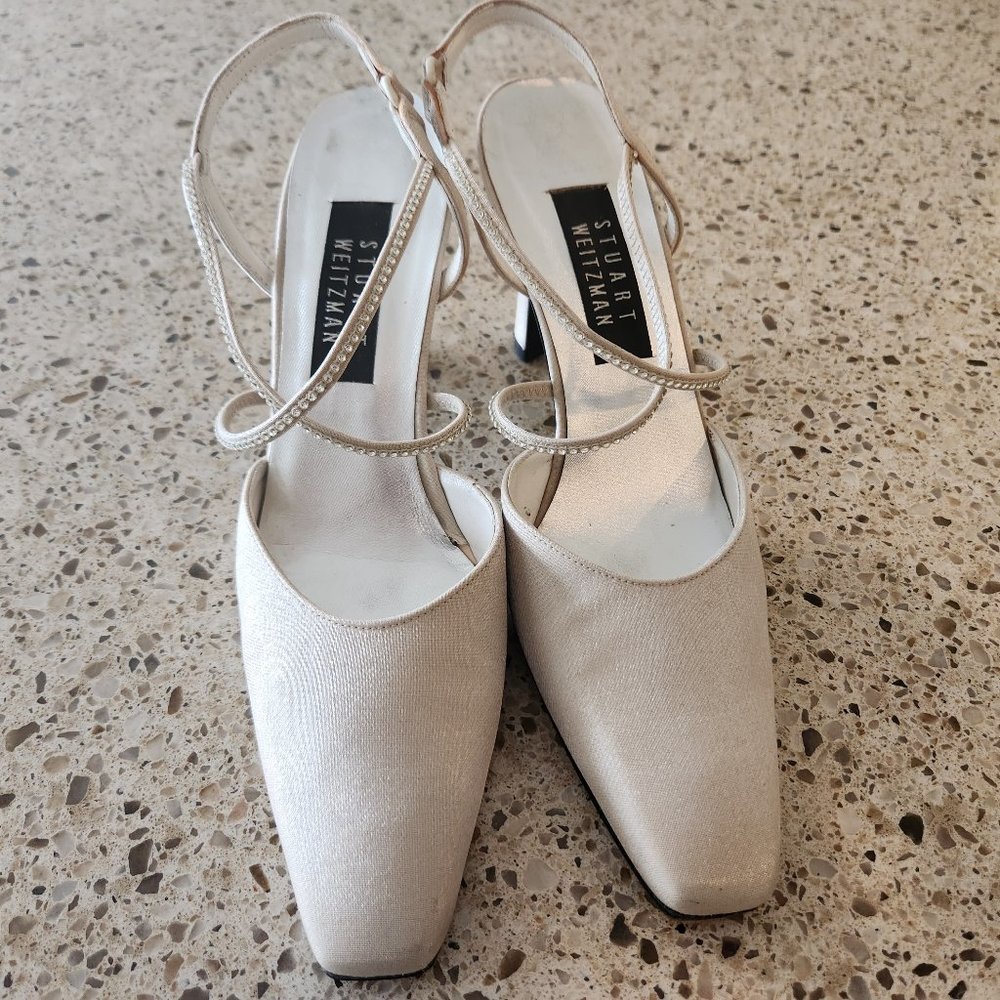 Stuart Weitzman Champagne Heels with Rhinestone Straps 9 AA